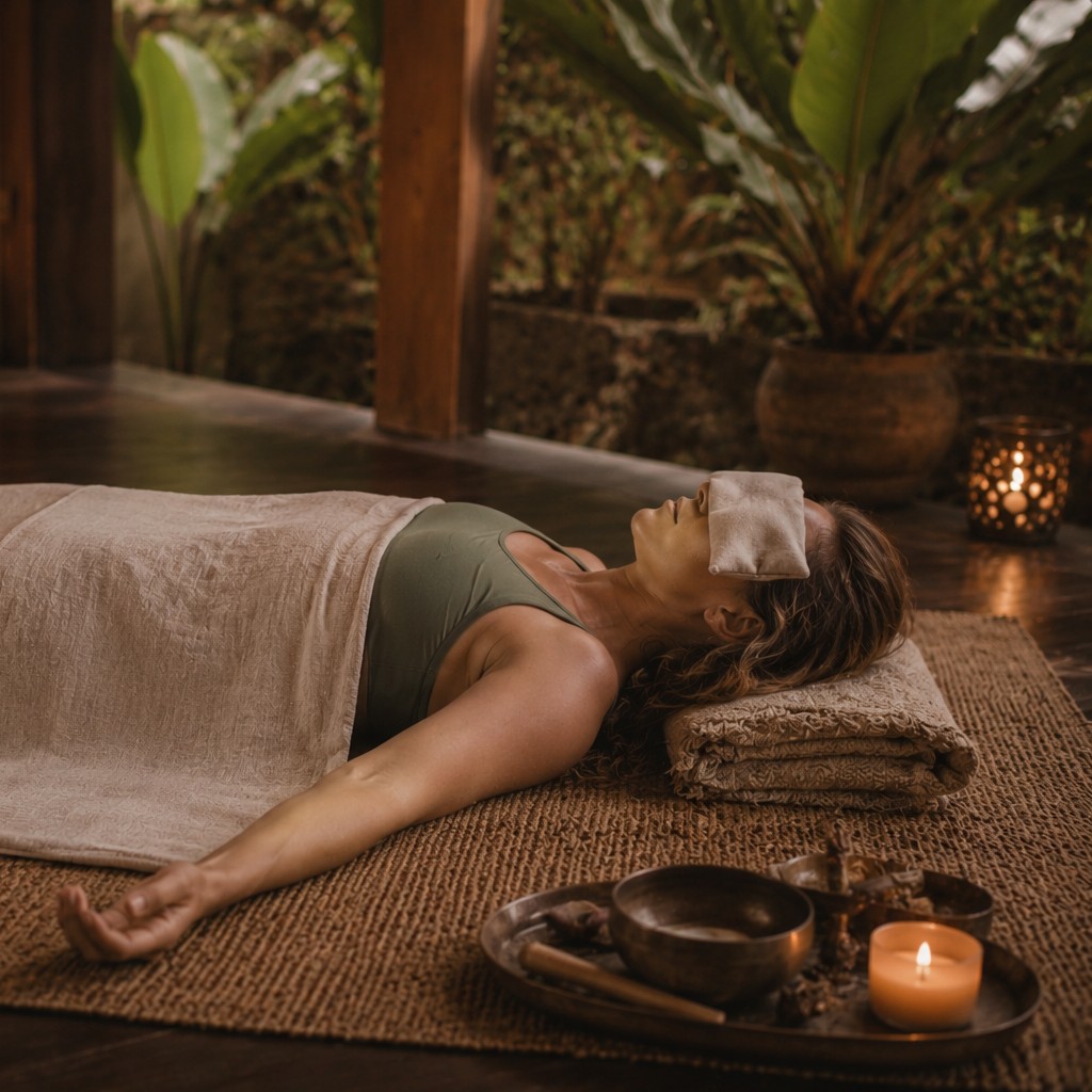 Woman lying in yoga nidra with an eye pillow and blanket, candlelight and singing bowls nearby