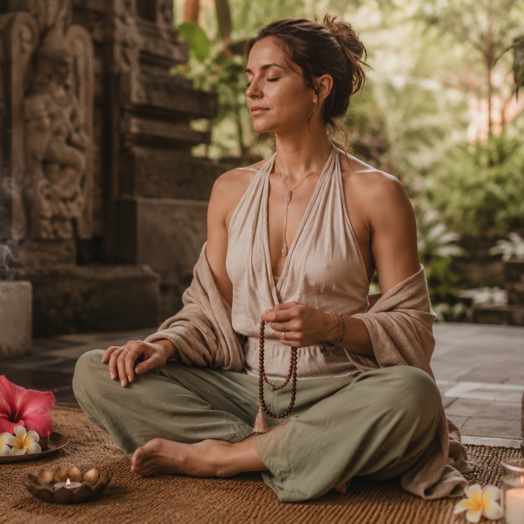 Woman meditating cross-legged with mala beads, incense and Balinese temple carvings behind her
