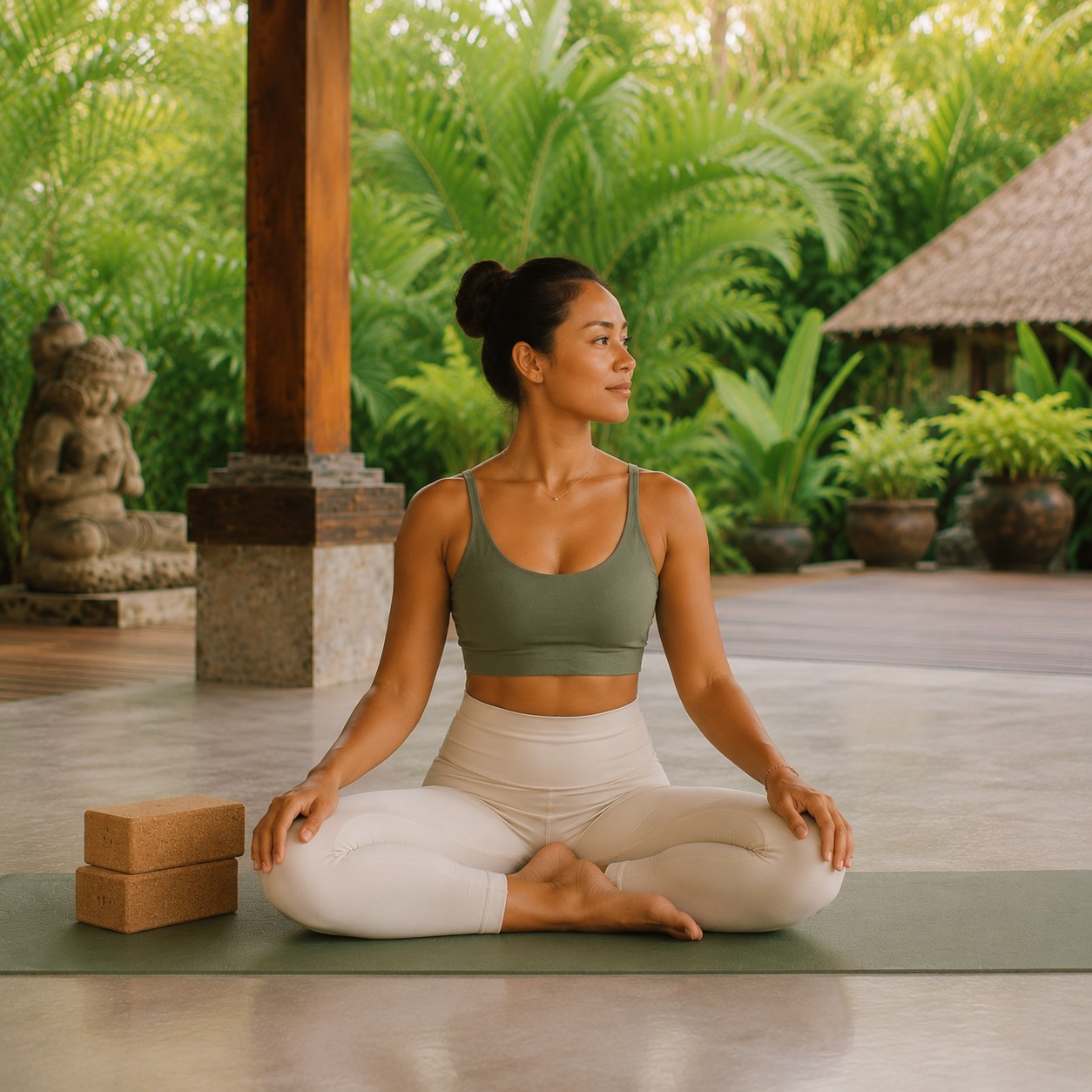 Woman in a beginner-friendly downward dog with cork blocks beside her yoga mat