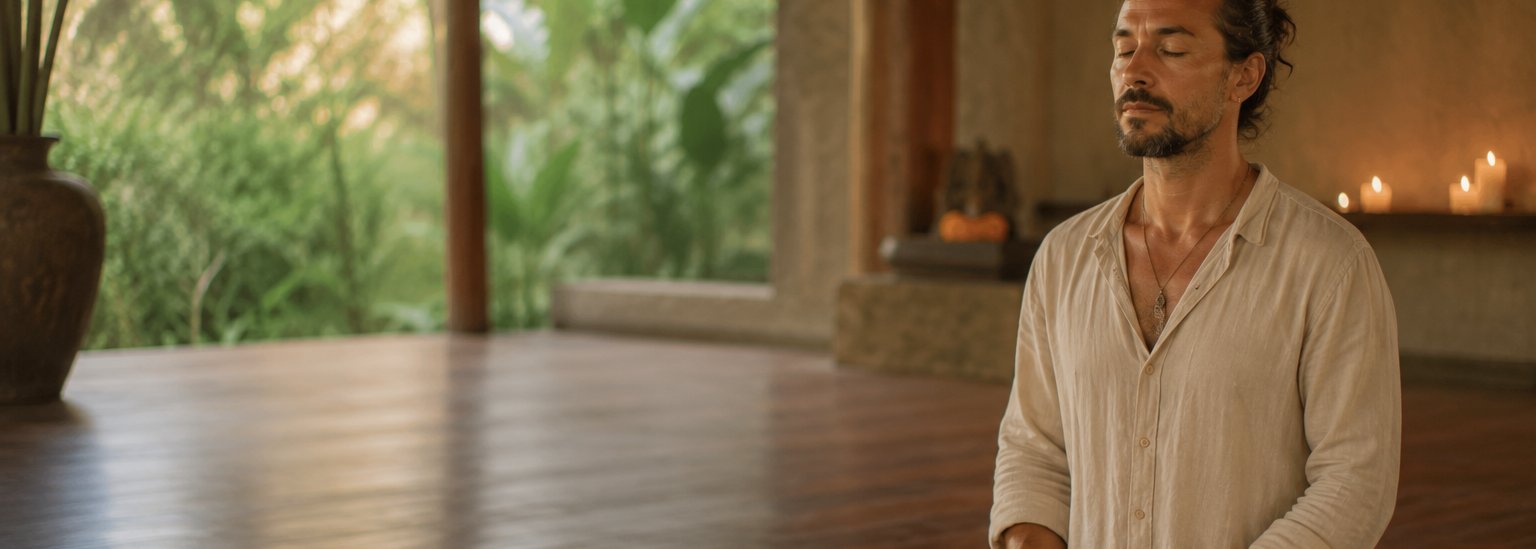 A man seated in still meditation in a quiet candlelit Bali room