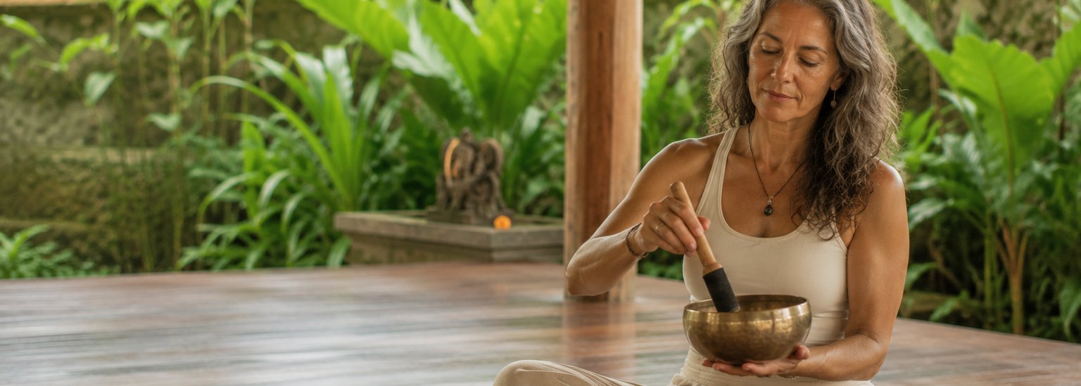 A woman playing a bronze singing bowl surrounded by more bowls on a Bali veranda