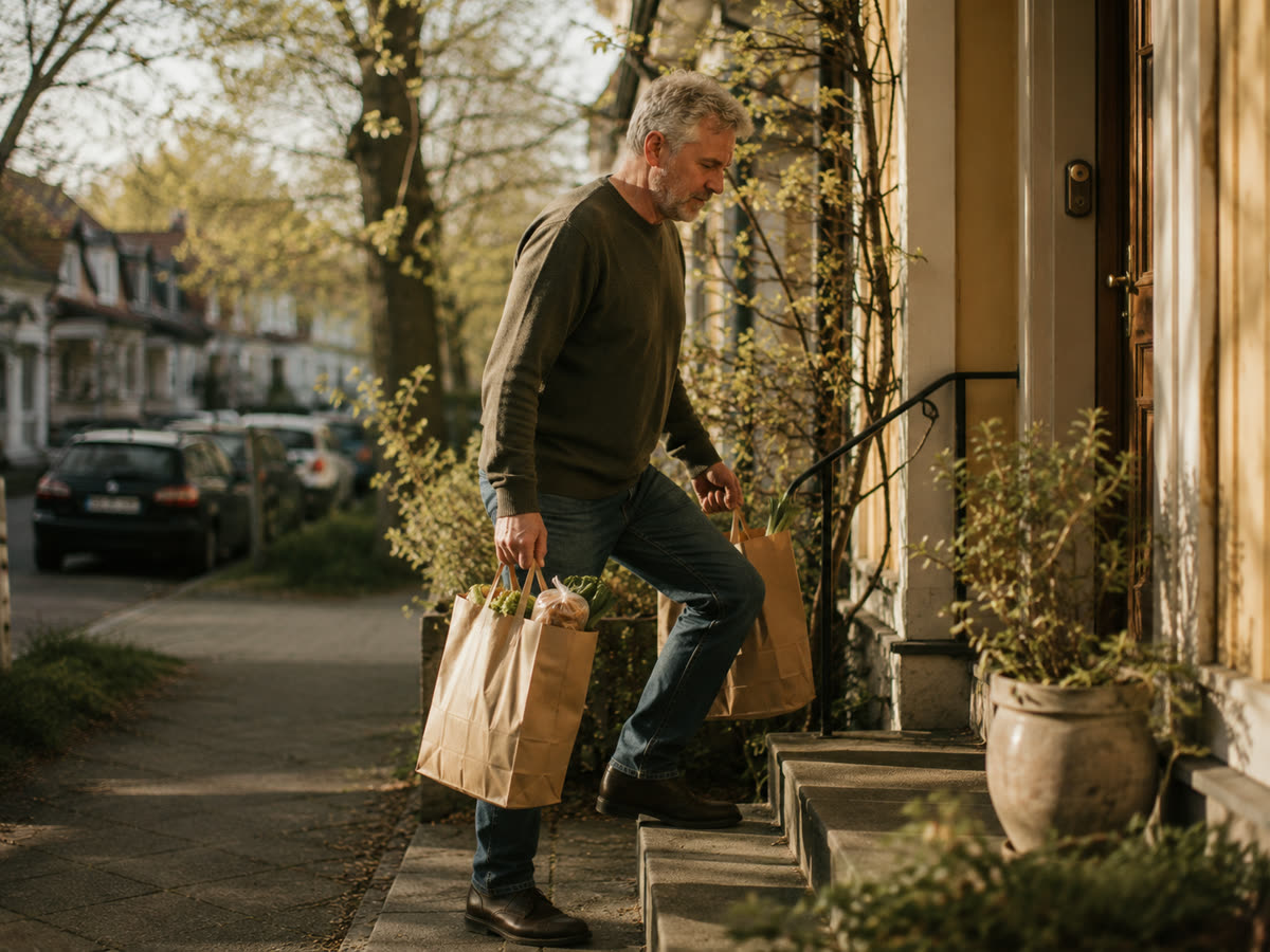 A man carrying two paper grocery bags up the steps to his front door