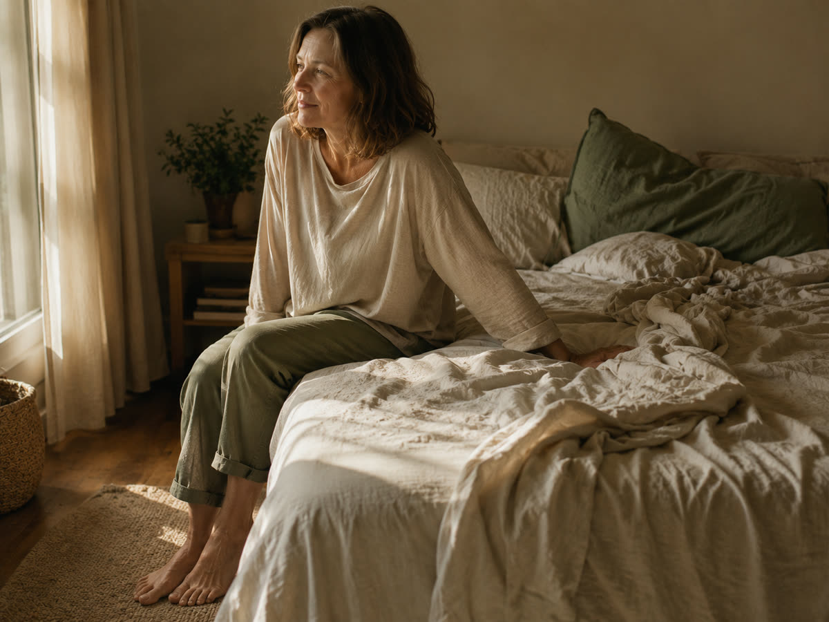 A woman sitting on the edge of her bed in early morning light, feet on the floor, pausing before she stands up