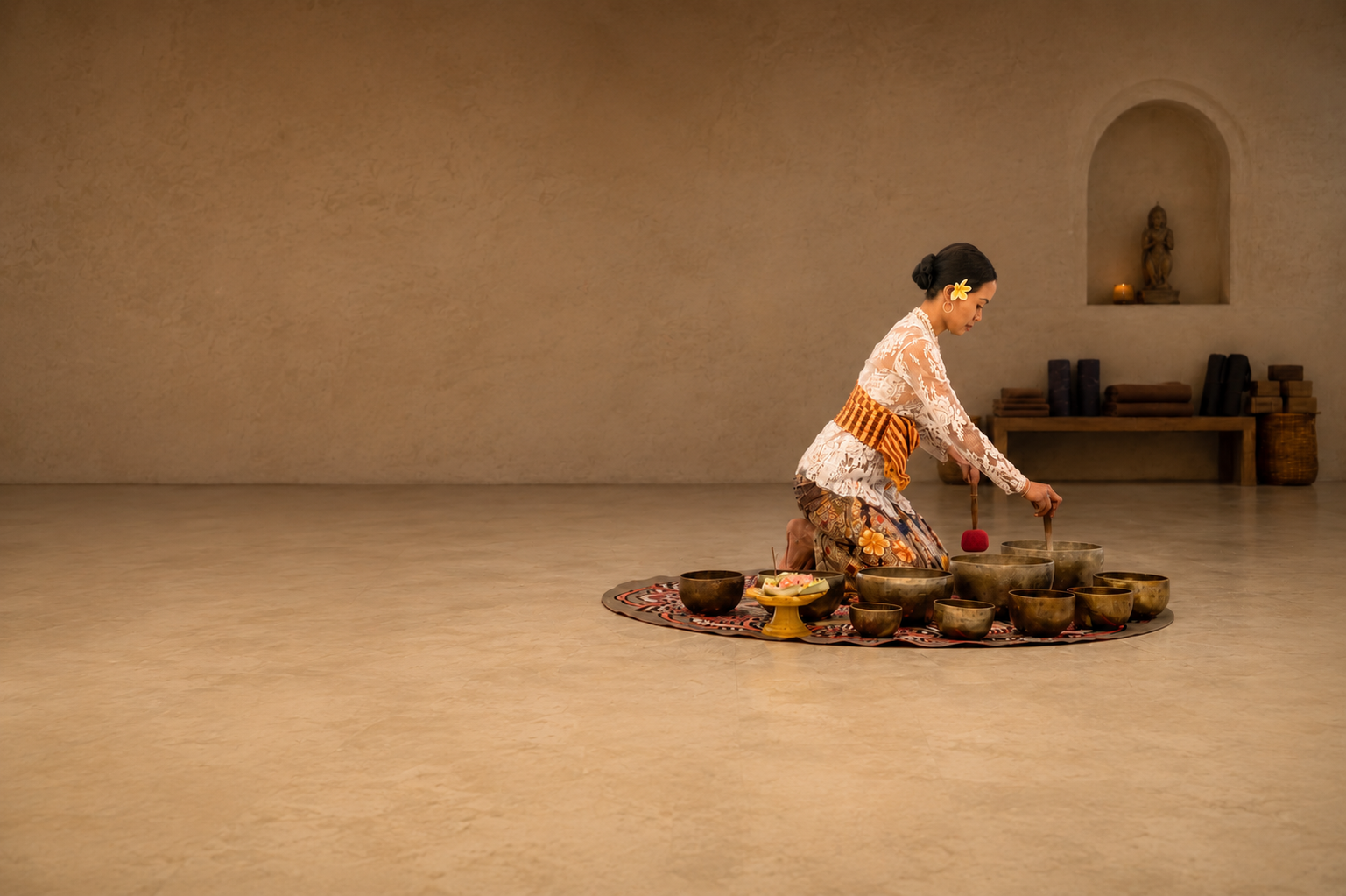 A Balinese woman playing a circle of singing bowls in a quiet yoga room