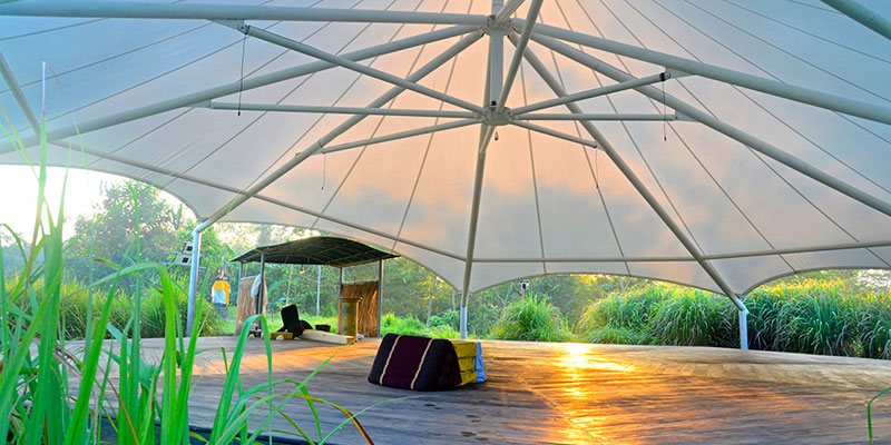 The open pavilion at Bali Silent Retreat at sunset
